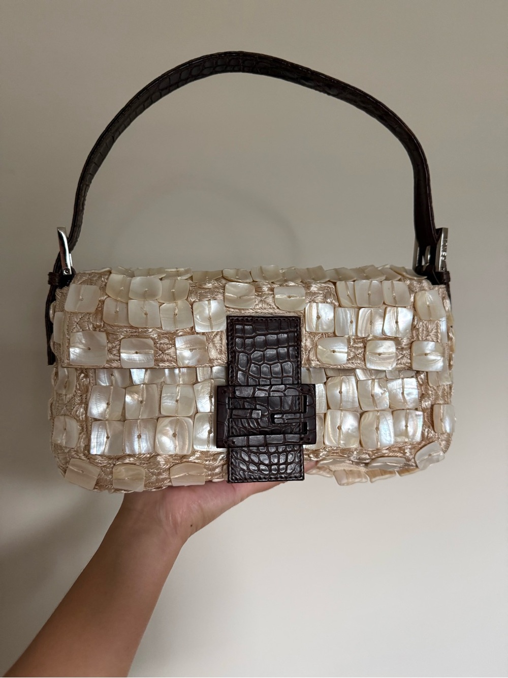 Vintage Fendi Mother of Pearl Baguette Bag w Crocodile Trim